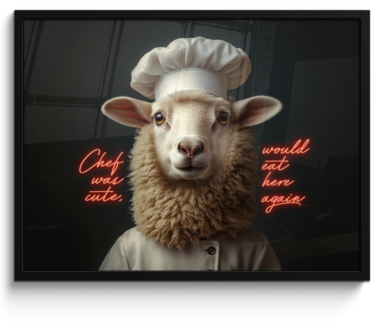 FrameYourWall Poster in lijst - Fotolijst 70x50 cm - Posters - Schaap - Kokskleding - Neon - Quote - Posterlijst zwart - Decoratie - Wanddecoratie woonkamer - Muurdecoratie slaapkamer Multicolor