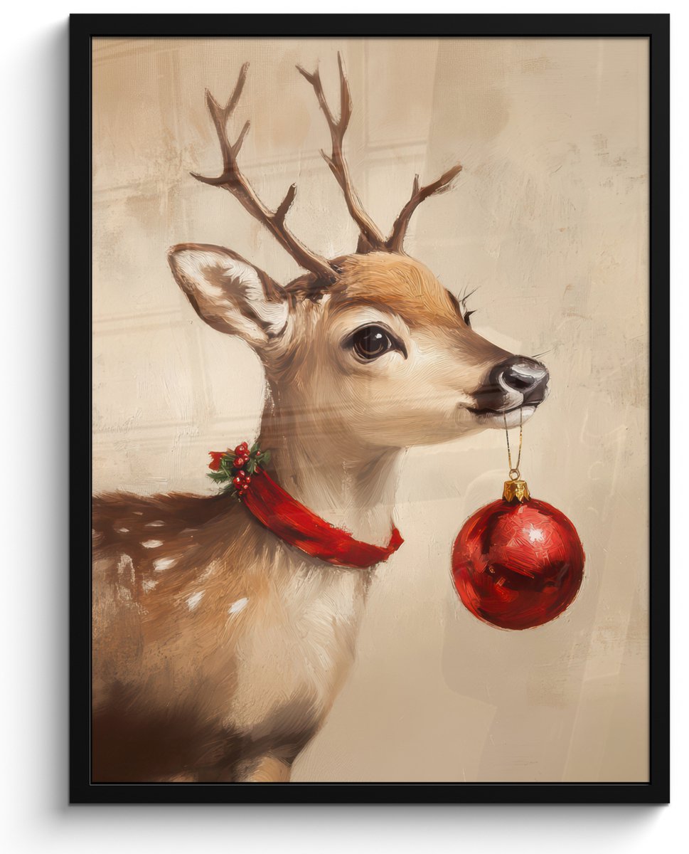 FrameYourWall Poster in lijst - Fotolijst 50x70 cm - Posters - Kerst - Hert - Gewei - Kerstbal - Rendier - Posterlijst zwart - Decoratie - Wanddecoratie woonkamer - Muurdecoratie slaapkamer - Kerstversiering - Kerstdecoratie voor binnen - Kerstmis Hert - Vintage