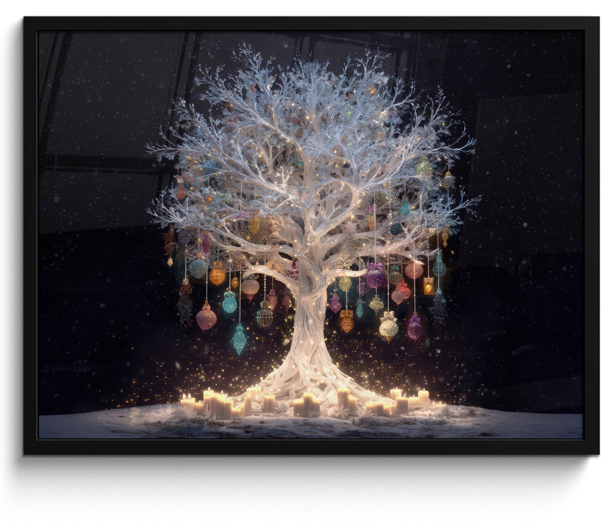 FrameYourWall Poster in lijst - Fotolijst 70x50 cm - Posters - Sneeuwboom - Lichtjes - Wit - Kleurrijk - Posterlijst zwart - Decoratie - Wanddecoratie woonkamer - Muurdecoratie slaapkamer - Kerstversiering - Kerstdecoratie voor binnen - Kerstmis