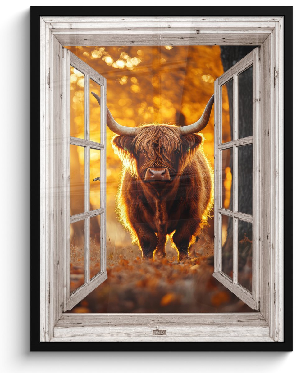 FrameYourWall Poster in lijst - Fotolijst 50x70 cm - Posters - Schotse hooglander - Bos - Herfst - Dieren - Natuur - Bladeren - Doorkijk - Posterlijst zwart - Decoratie - Wanddecoratie woonkamer - Muurdecoratie slaapkamer