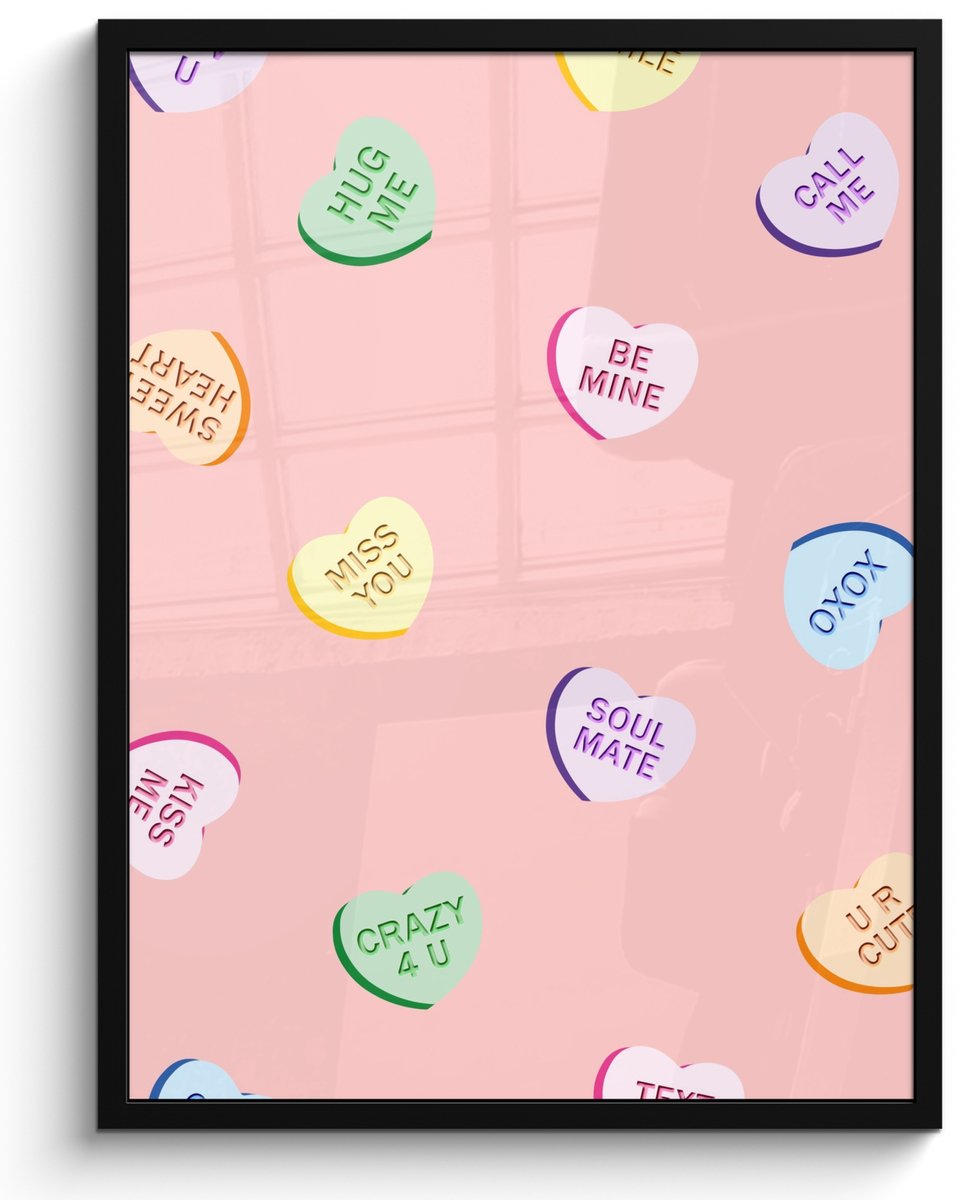FrameYourWall Poster in lijst - Fotolijst 50x70 cm - Posters - Hart - Snoep - Pastel - Tekst - Posterlijst zwart - Decoratie - Wanddecoratie woonkamer - Muurdecoratie slaapkamer Hartjes - Snoep