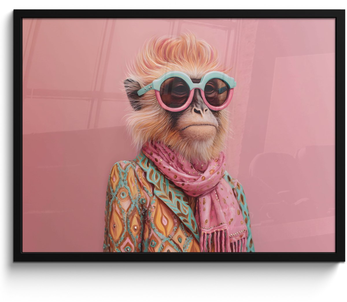 FrameYourWall Poster in lijst - Fotolijst 70x50 cm - Posters - Sjaal - Aap - Zonnebril - Jasje - Posterlijst zwart - Decoratie - Wanddecoratie woonkamer - Muurdecoratie slaapkamer