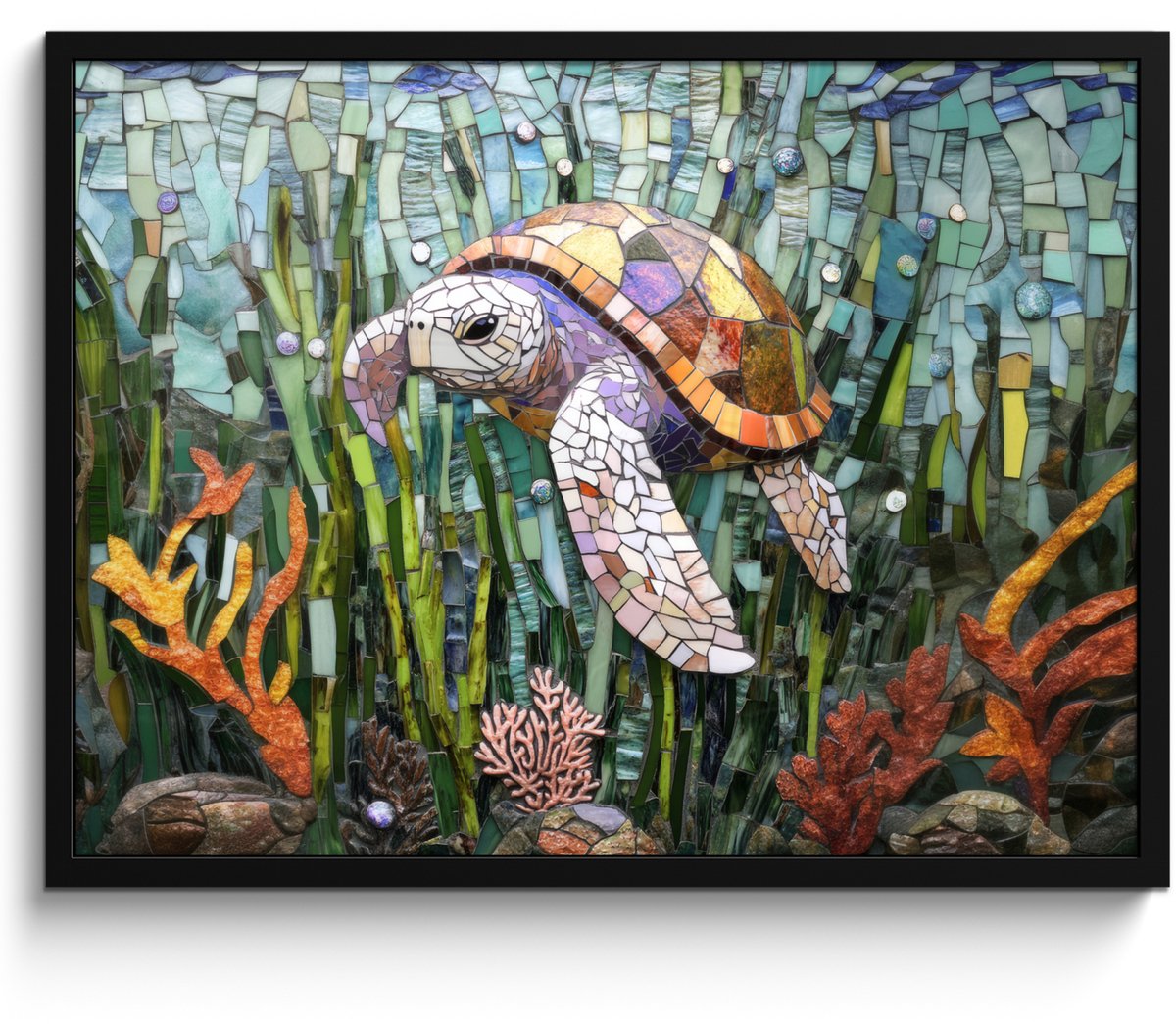 FrameYourWall Poster in lijst - Fotolijst 70x50 cm - Posters - Schildpad - Zeewier - Mozaïek - Posterlijst zwart - Decoratie - Wanddecoratie woonkamer - Muurdecoratie slaapkamer