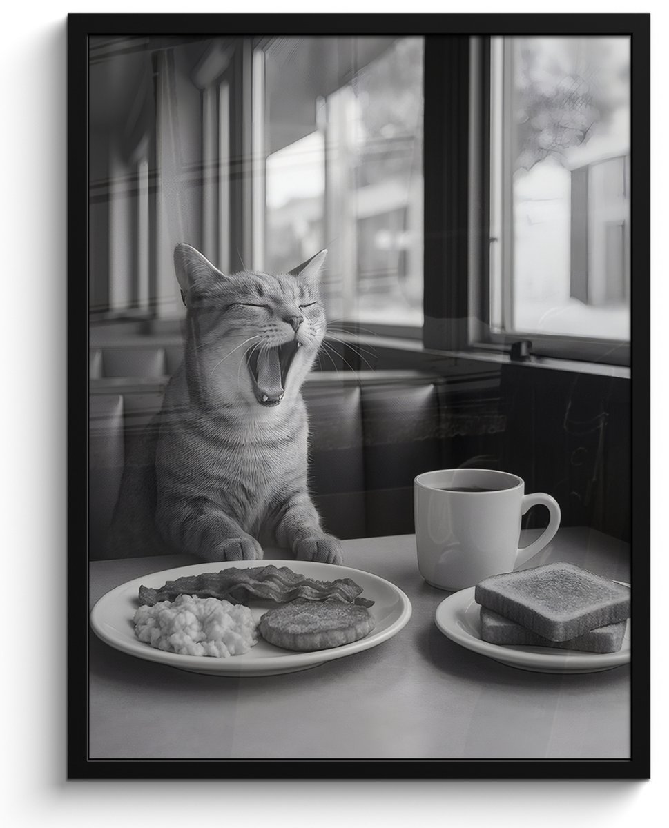FrameYourWall Poster in lijst - Fotolijst 50x70 cm - Posters - Kat - Koffie - Brood - Zwart - Posterlijst zwart - Decoratie - Wanddecoratie woonkamer - Muurdecoratie slaapkamer