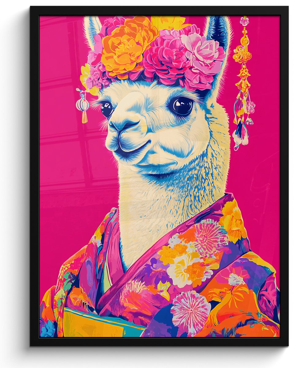 FrameYourWall Poster in lijst - Fotolijst 50x70 cm - Posters - Lama - Kimono - Bloemenkrans - Felroze - Posterlijst zwart - Decoratie - Wanddecoratie woonkamer - Muurdecoratie slaapkamer