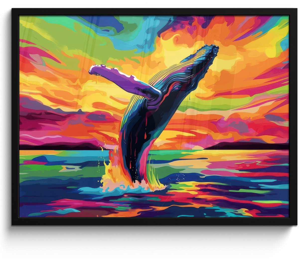 FrameYourWall Poster in lijst - Fotolijst 70x50 cm - Posters - Zonsondergang - Walvis - Geschilderd - Kleurrijk - Posterlijst zwart - Decoratie - Wanddecoratie woonkamer - Muurdecoratie slaapkamer Walvis - Kleurrijk