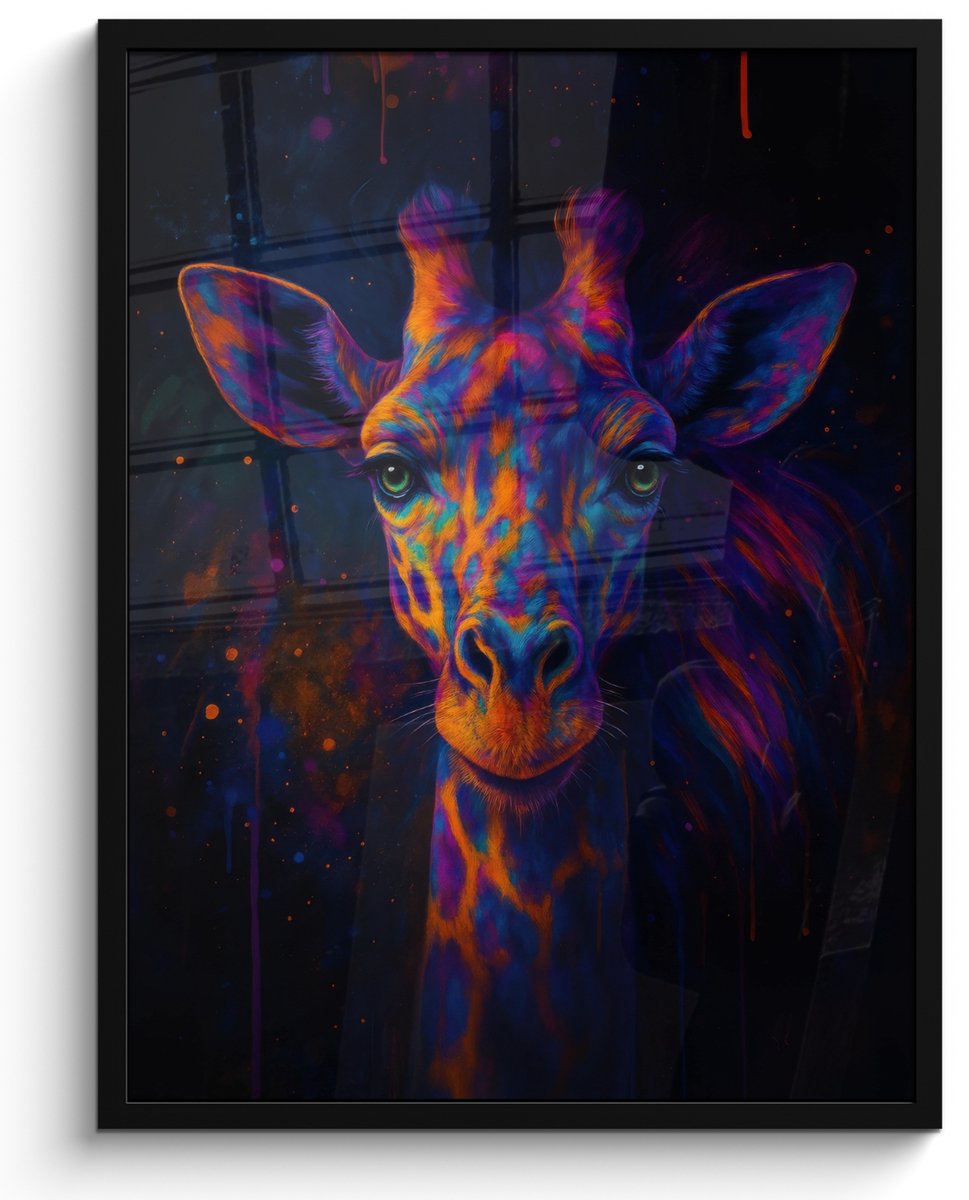 FrameYourWall Poster in lijst - Fotolijst 50x70 cm - Posters - Giraffe - Gekleurd - Verfspatten - Posterlijst zwart - Decoratie - Wanddecoratie woonkamer - Muurdecoratie slaapkamer
