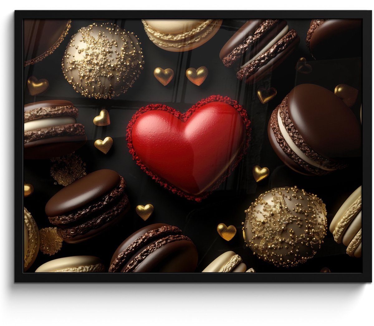FrameYourWall Poster in lijst - Fotolijst 70x50 cm - Posters - Macarons - Rood - Hart - Posterlijst zwart - Decoratie - Wanddecoratie woonkamer - Muurdecoratie slaapkamer Macarons - Hart