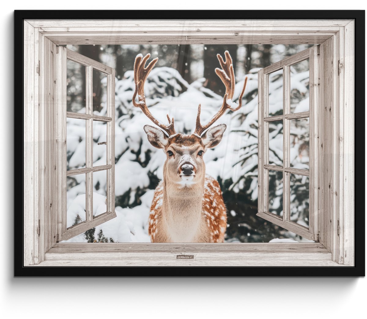 FrameYourWall Poster in lijst - Fotolijst 70x50 cm - Posters - Doorkijk - Hert - Sneeuw - Winter - Bos - Dieren - Natuur - Posterlijst zwart - Decoratie - Wanddecoratie woonkamer - Muurdecoratie slaapkamer