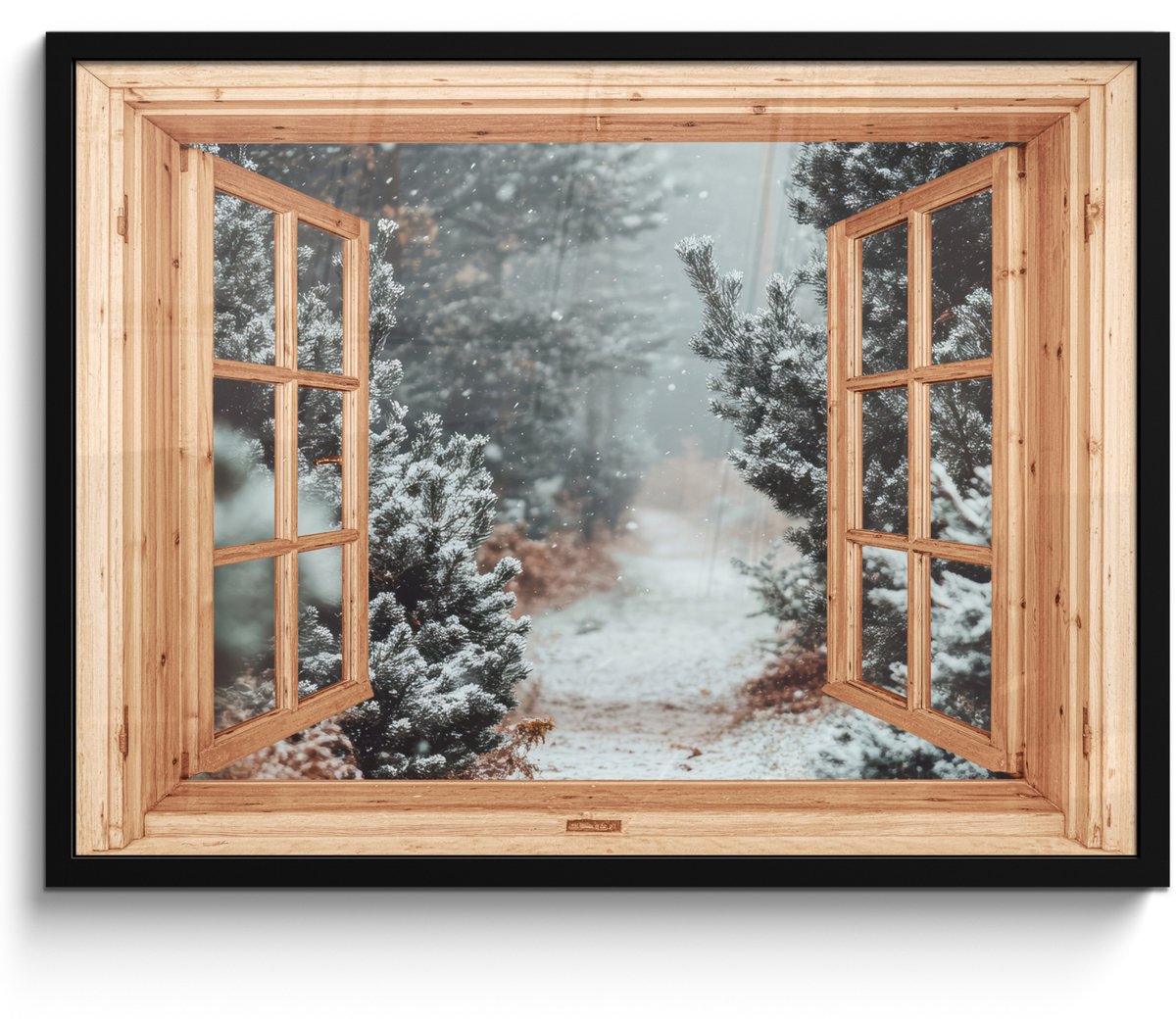 FrameYourWall Poster in lijst - Fotolijst 70x50 cm - Posters - Bos - Winter - Bomen - Natuur - Pad - Doorkijk - Posterlijst zwart - Decoratie - Wanddecoratie woonkamer - Muurdecoratie slaapkamer Bospad