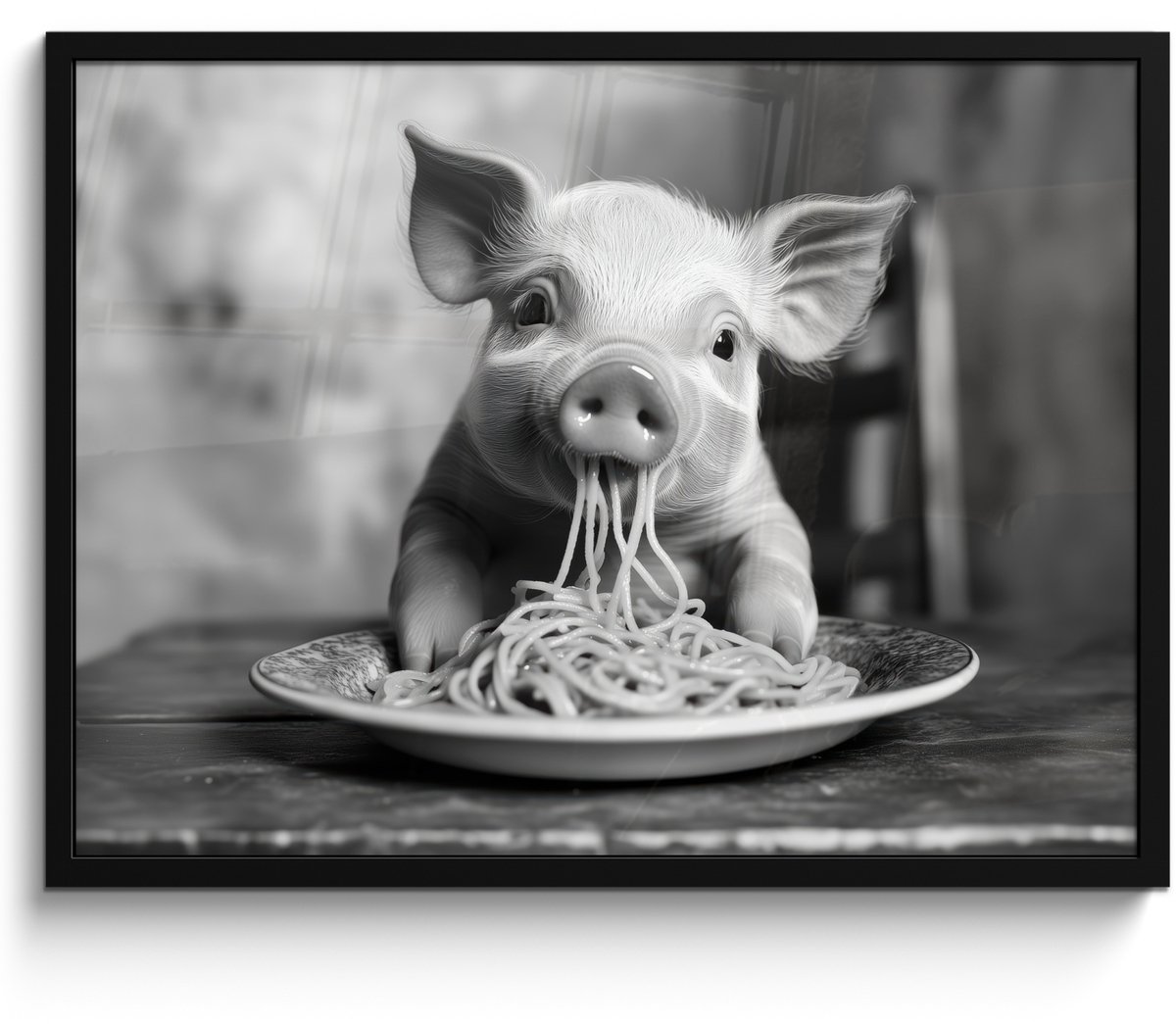 FrameYourWall Fotolijst incl. Poster Zwart Wit- Varken - Schattig - Spaghetti - Zwart wit - Dier - 70x50 cm - Posterlijst