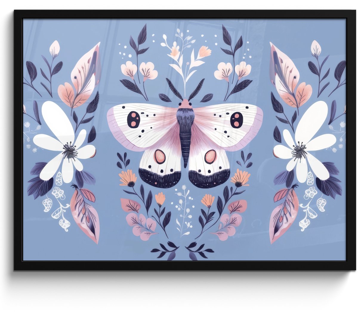 FrameYourWall Poster in lijst - Fotolijst 70x50 cm - Posters - Vlinder - Vleugels - Stippen - Bloemen - Posterlijst zwart - Decoratie - Wanddecoratie woonkamer - Muurdecoratie slaapkamer Vlinder - Bladeren - Bloemen