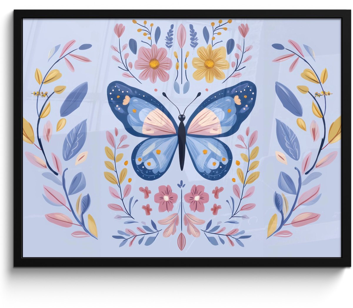 FrameYourWall Poster in lijst - Fotolijst 70x50 cm - Posters - Vlinder - Lichtblauw - Sierlijk - Bloemen - Posterlijst zwart - Decoratie - Wanddecoratie woonkamer - Muurdecoratie slaapkamer Vlinder - Sierlijk