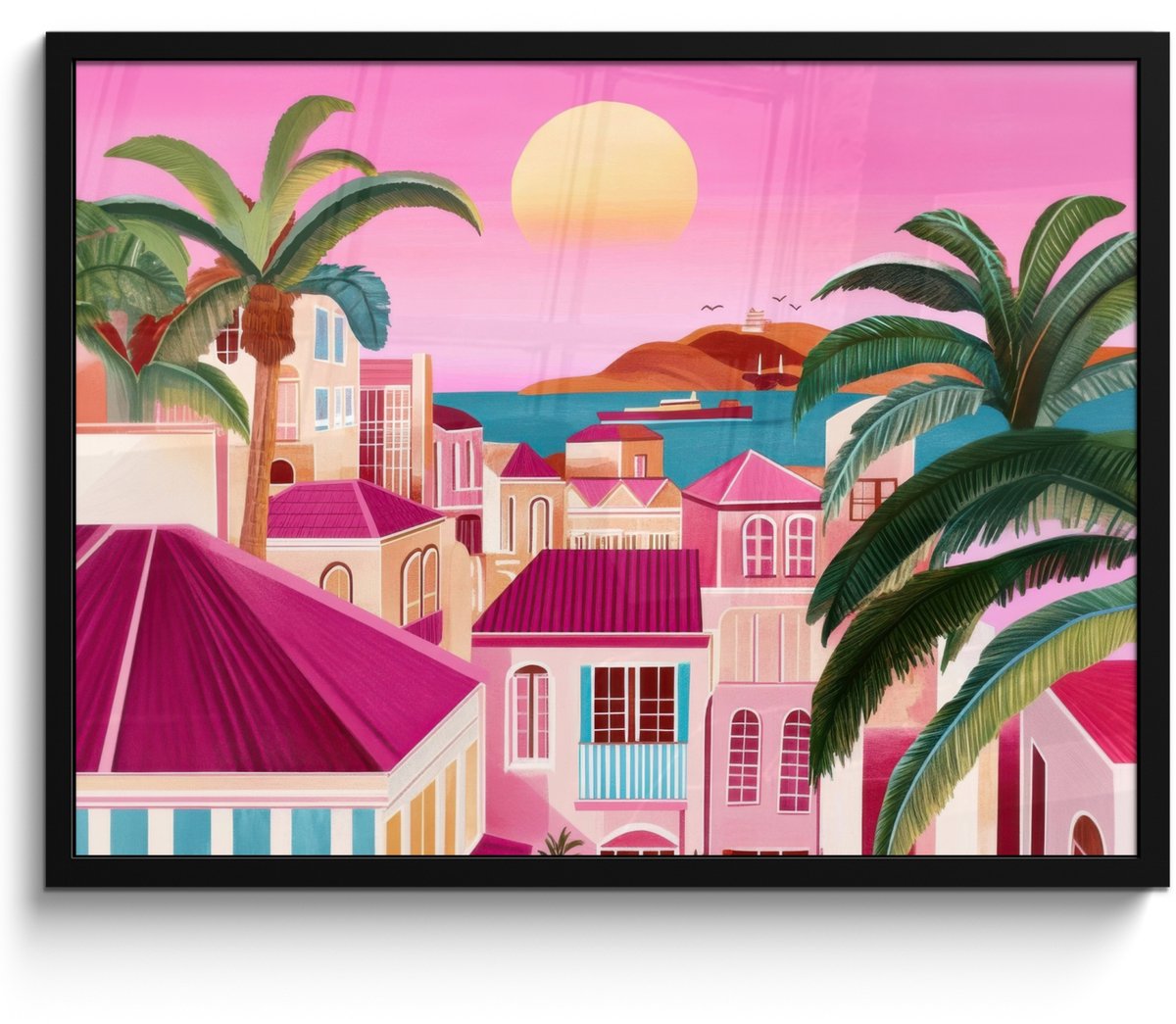 FrameYourWall Poster in lijst - Fotolijst 70x50 cm - Posters - Stad - Roze - Palmbomen - Posterlijst zwart - Decoratie - Wanddecoratie woonkamer - Muurdecoratie slaapkamer Stad - Zonsondergang