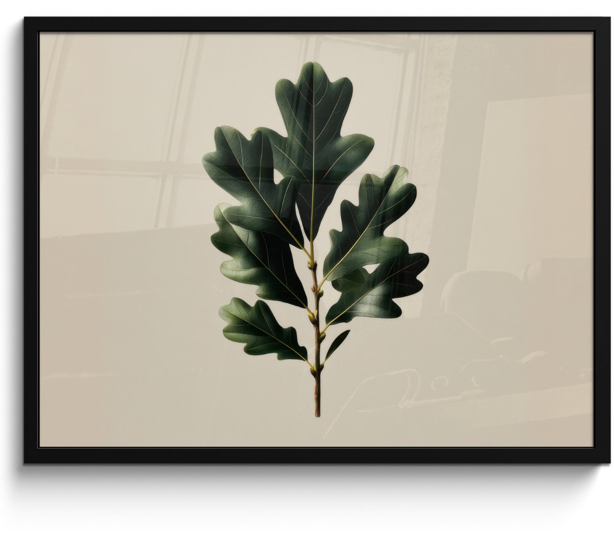 FrameYourWall Poster in lijst - Fotolijst 70x50 cm - Posters - Eikenbladeren - Beige - Groen - Golvende randen - Posterlijst zwart - Decoratie - Wanddecoratie woonkamer - Muurdecoratie slaapkamer