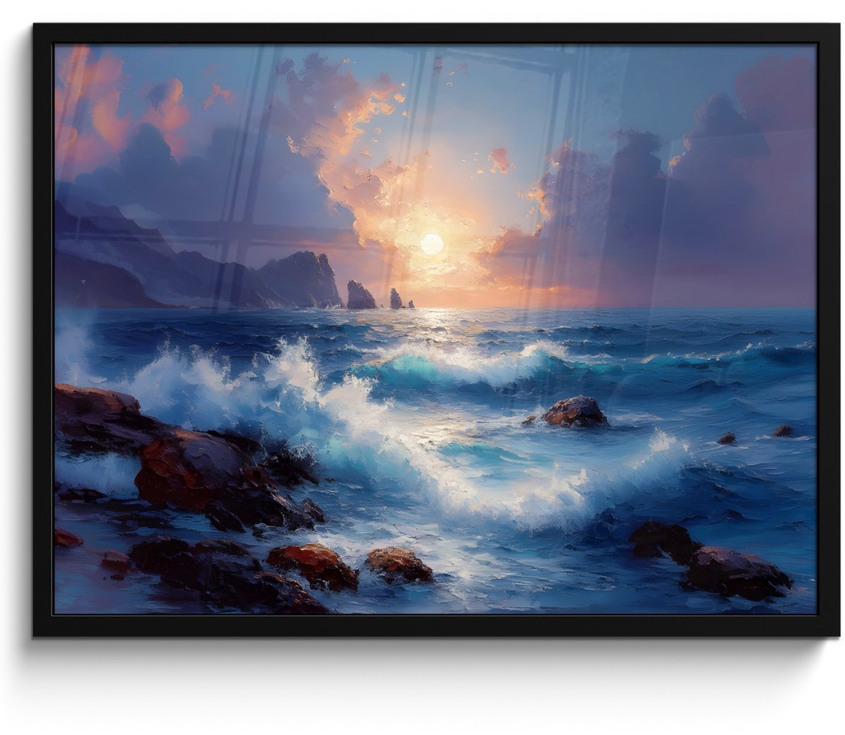 FrameYourWall Poster in lijst - Fotolijst 70x50 cm - Posters - Golven - Zee - Kleurrijk - Rotsen - Posterlijst zwart - Decoratie - Wanddecoratie woonkamer - Muurdecoratie slaapkamer Golven - Rotsen - Zon