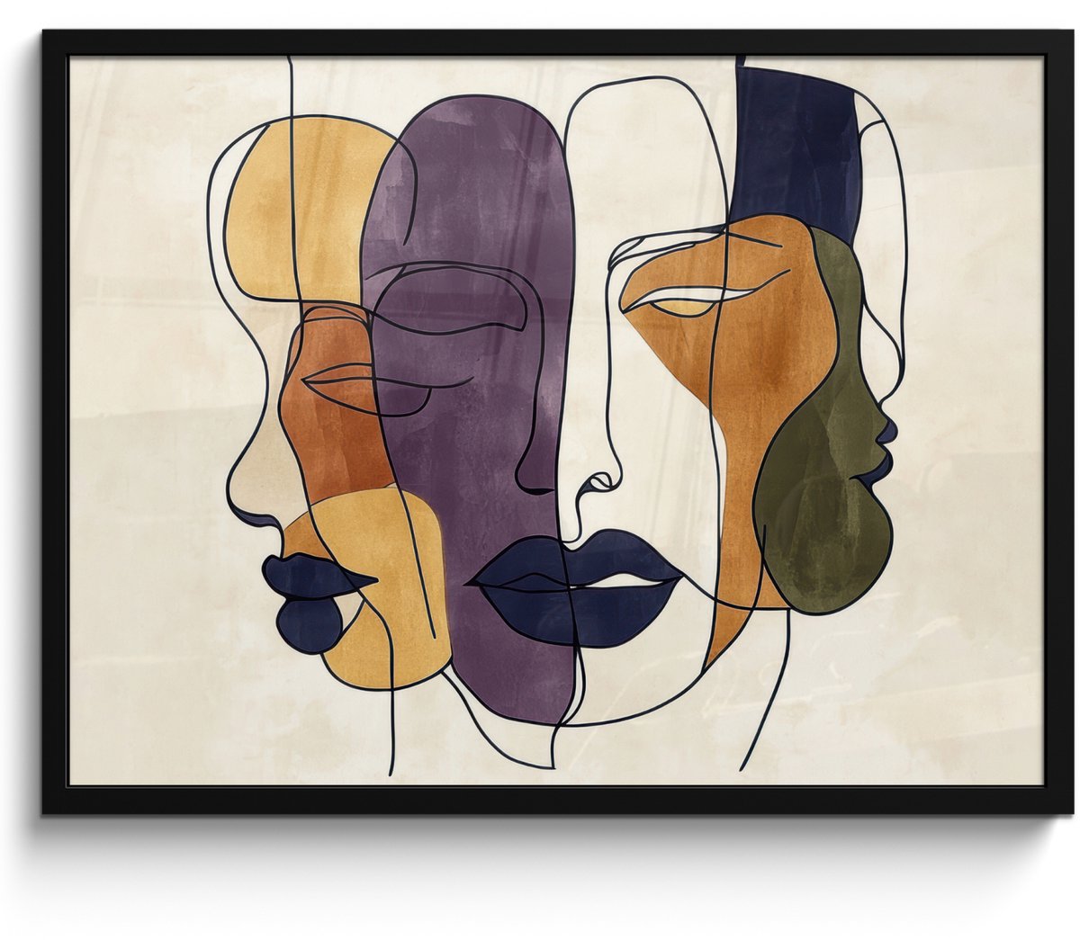 FrameYourWall Poster in lijst - Fotolijst 70x50 cm - Posters - Abstract - Overlappende gezichten - Paars - Donkergroen - Posterlijst zwart - Decoratie - Wanddecoratie woonkamer - Muurdecoratie slaapkamer Abstract - Gezichten