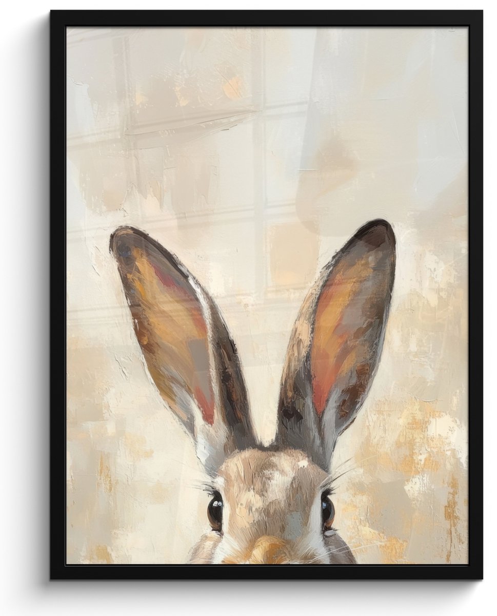 FrameYourWall Poster in lijst - Fotolijst 50x70 cm - Posters - Haas - Oren - Bruin - Posterlijst zwart - Decoratie - Wanddecoratie woonkamer - Muurdecoratie slaapkamer Paashaas oren