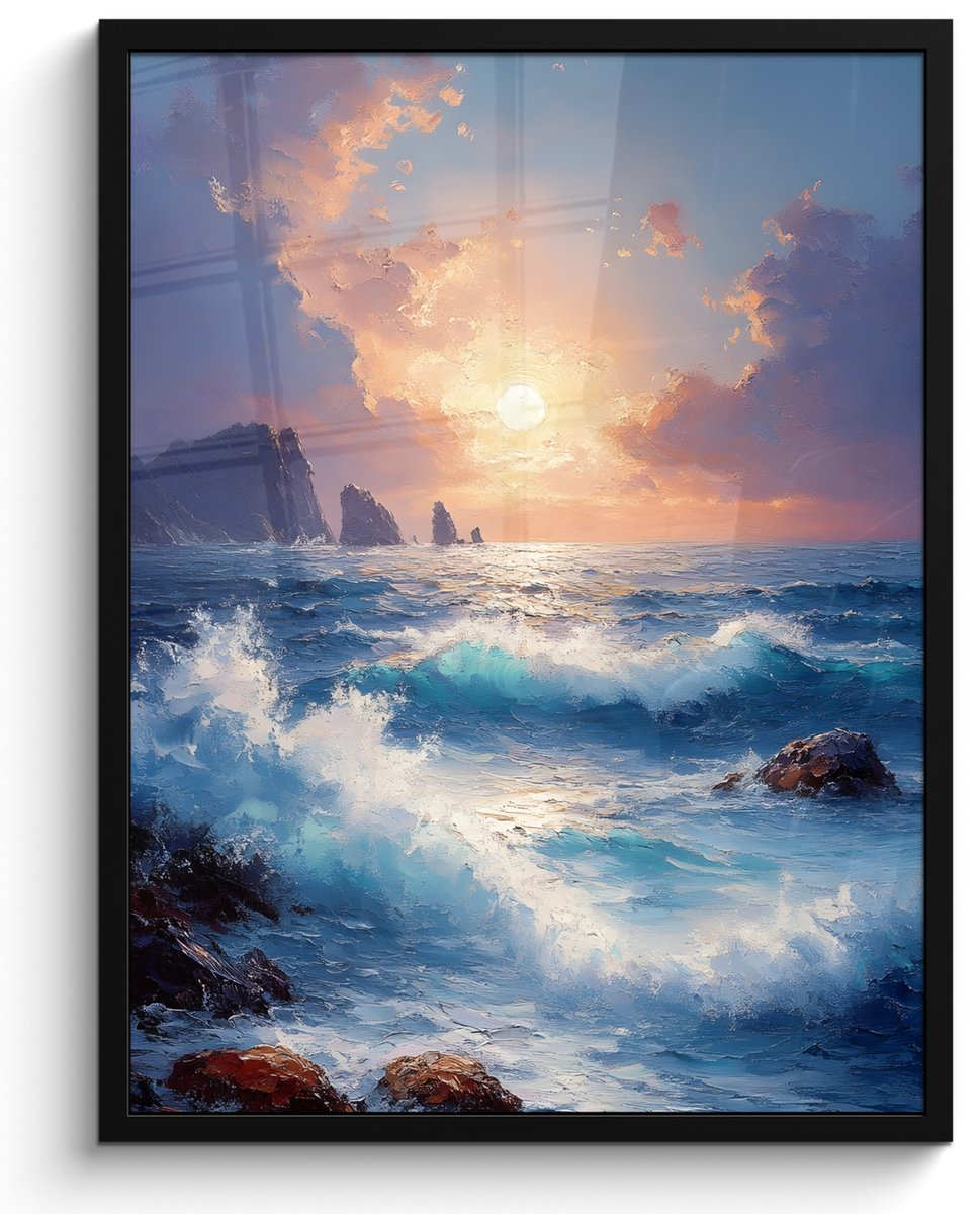 FrameYourWall Poster in lijst - Fotolijst 50x70 cm - Posters - Golven - Zee - Kleurrijk - Rotsen - Posterlijst zwart - Decoratie - Wanddecoratie woonkamer - Muurdecoratie slaapkamer Golven - Rotsen - Zon