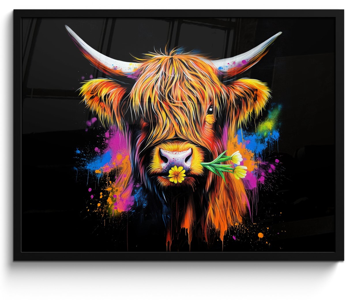 FrameYourWall Poster in lijst - Fotolijst 70x50 cm - Posters - Schotse Hooglander - Graffiti - Kleurrijk - Bloem - Dieren - Posterlijst zwart - Decoratie - Wanddecoratie woonkamer - Muurdecoratie slaapkamer Graffiti - Schotse Hooglander