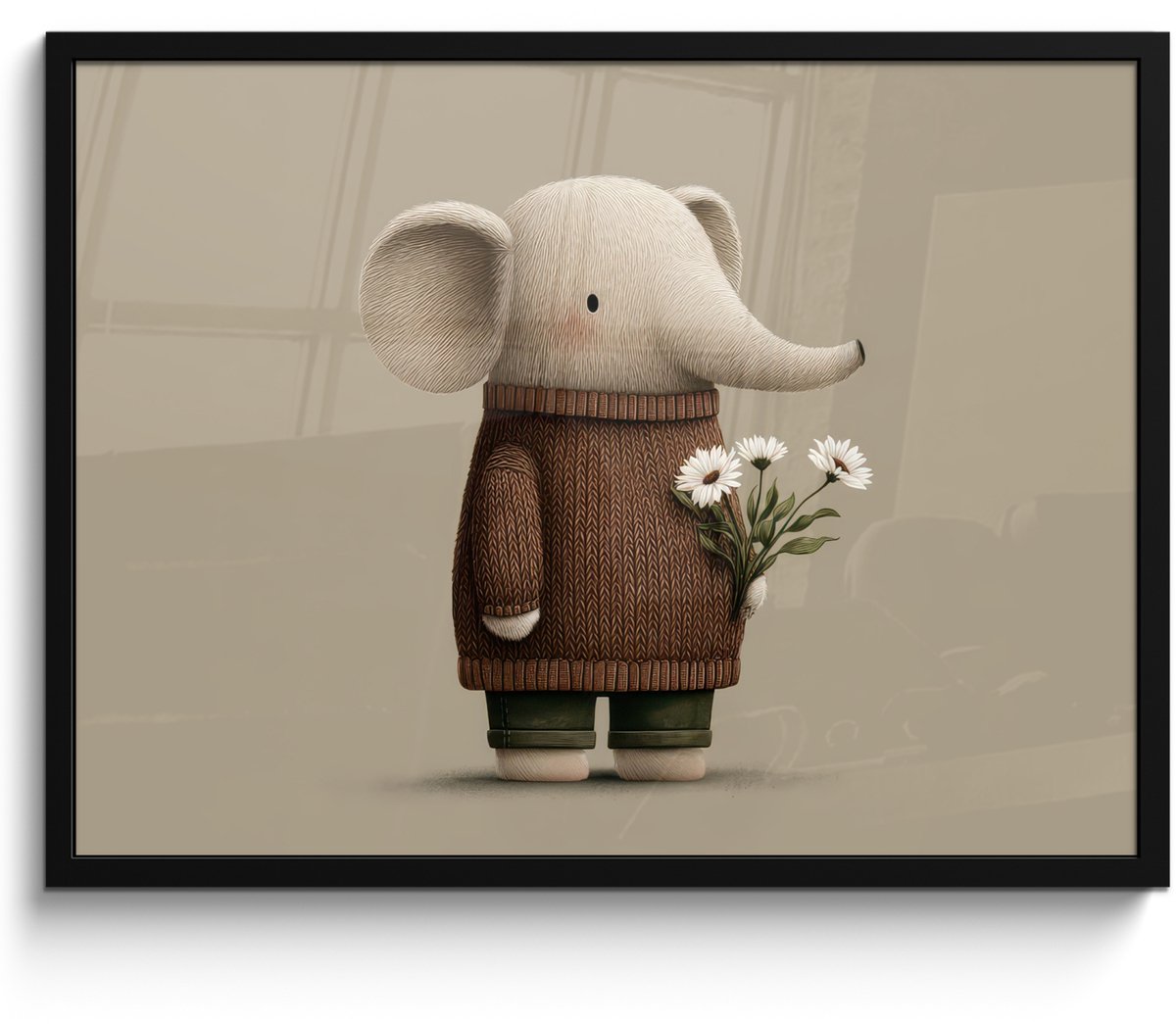 FrameYourWall Poster in lijst - Fotolijst 70x50 cm - Posters - Olifant - Witte bloemen - Kindvriendelijk - Posterlijst zwart - Decoratie - Wanddecoratie woonkamer - Muurdecoratie slaapkamer Olifant - Bloemen