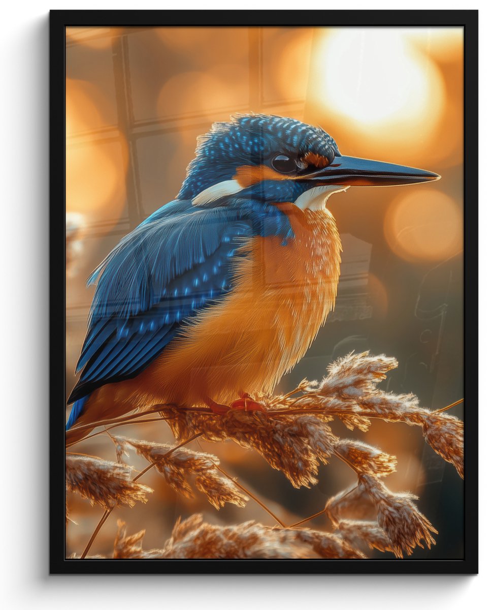 FrameYourWall Poster in lijst - Fotolijst 50x70 cm - Posters - IJsvogel - Herfst - Vogels - Zon - Natuur - Herfsttakken - Posterlijst zwart - Decoratie - Wanddecoratie woonkamer - Muurdecoratie slaapkamer