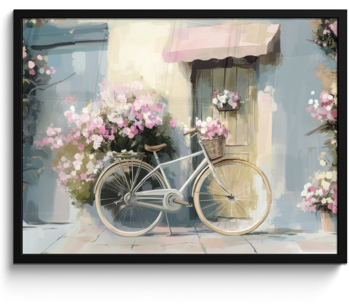 FrameYourWall Poster in lijst - Fotolijst 70x50 cm - Posters - Fiets - Pastelkleuren - Bloemen - Posterlijst zwart - Decoratie - Wanddecoratie woonkamer - Muurdecoratie slaapkamer Landschap - Fiets