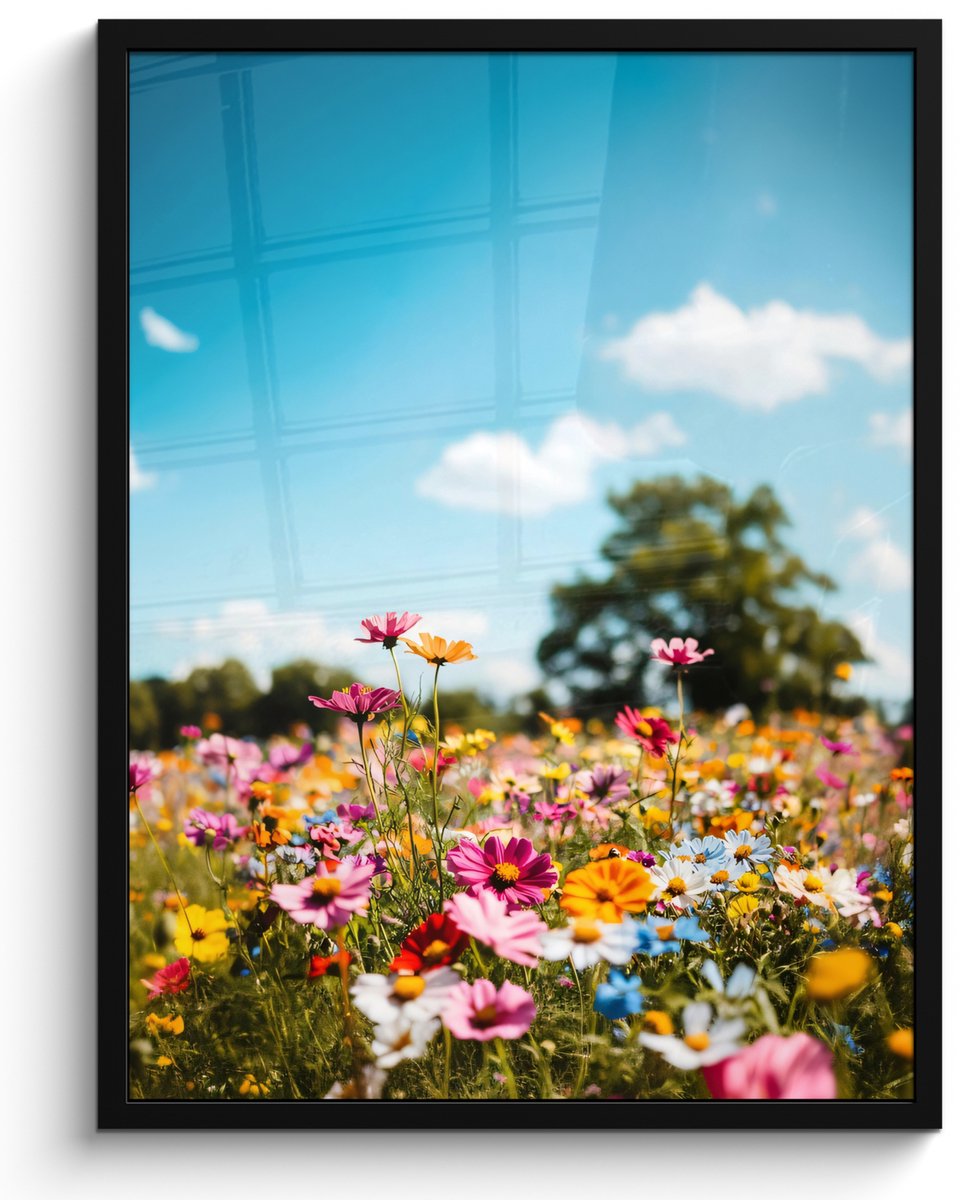 FrameYourWall Poster in lijst - Fotolijst 50x70 cm - Posters - Bloemenweide - Blauw - Lucht - Kleuren - Posterlijst zwart - Decoratie - Wanddecoratie woonkamer - Muurdecoratie slaapkamer Bloemenweide - Wolken