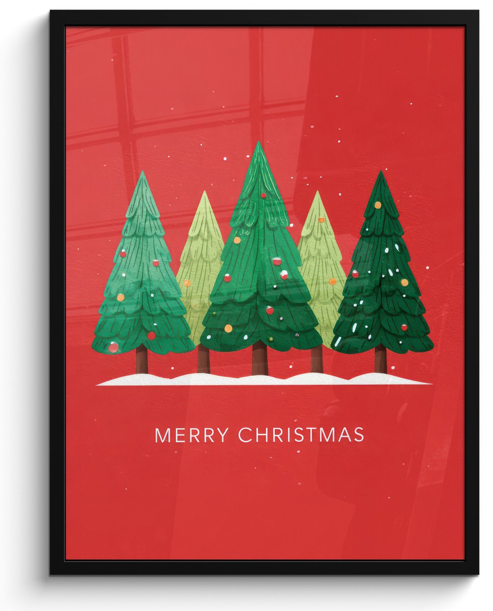 FrameYourWall Poster in lijst - Fotolijst 50x70 cm - Posters - Minimalistisch - Kerstbomen - Rood - Sneeuw - Posterlijst zwart - Decoratie - Wanddecoratie woonkamer - Muurdecoratie slaapkamer - Kerstversiering - Kerstdecoratie voor binnen - Kerstmis