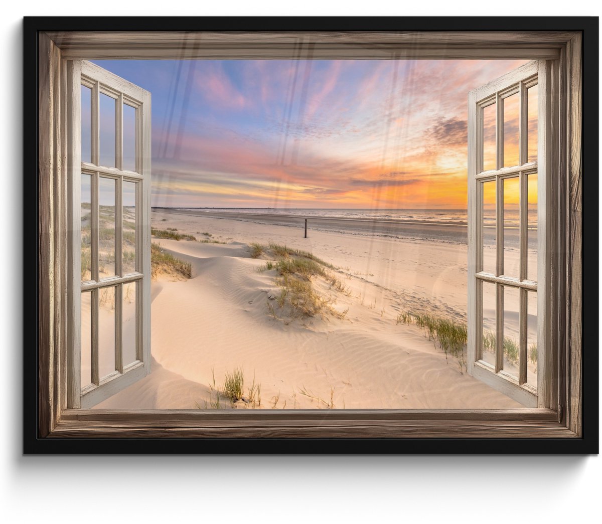FrameYourWall Poster in lijst - Fotolijst 70x50 cm - Posters - Doorkijk - Strand - Duinen - Natuur - Landschap - Posterlijst zwart - Decoratie - Wanddecoratie woonkamer - Muurdecoratie slaapkamer Zonsondergang - Strand