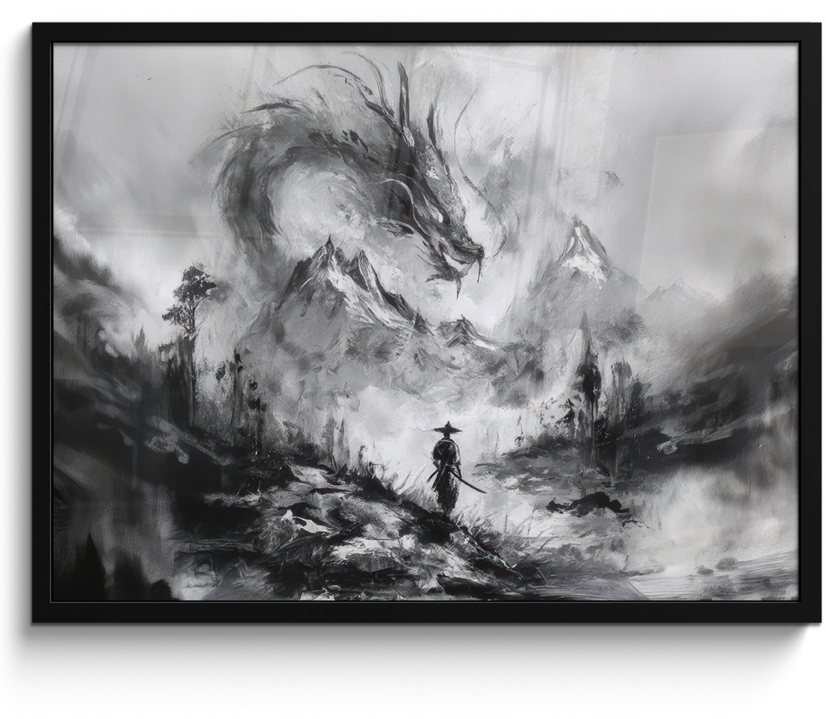 FrameYourWall Poster in lijst - Fotolijst 70x50 cm - Posters - Krijger - Draak - Grijs - Posterlijst zwart - Decoratie - Wanddecoratie woonkamer - Muurdecoratie slaapkamer