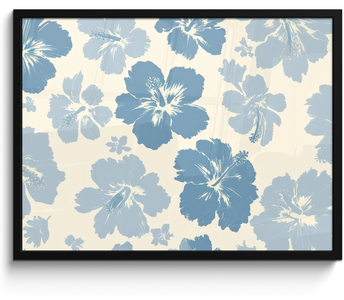 FrameYourWall Poster in lijst - Fotolijst 70x50 cm - Posters - Hibiscusbloemen - Blauw - Patroon - Tropisch - Posterlijst zwart - Decoratie - Wanddecoratie woonkamer - Muurdecoratie slaapkamer Multicolor