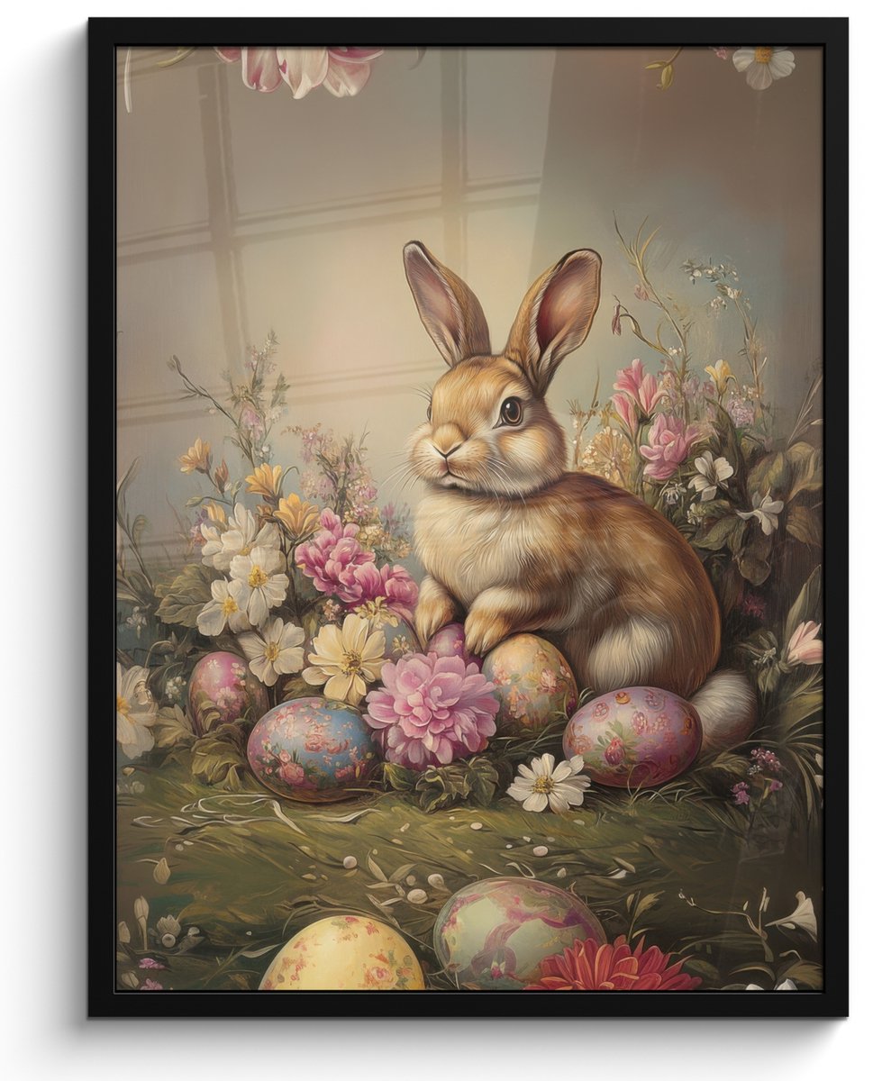 FrameYourWall Poster in lijst - Fotolijst 50x70 cm - Posters - Haas - Stilleven - Bloemen - Posterlijst zwart - Decoratie - Wanddecoratie woonkamer - Muurdecoratie slaapkamer Paashaas - Vintage