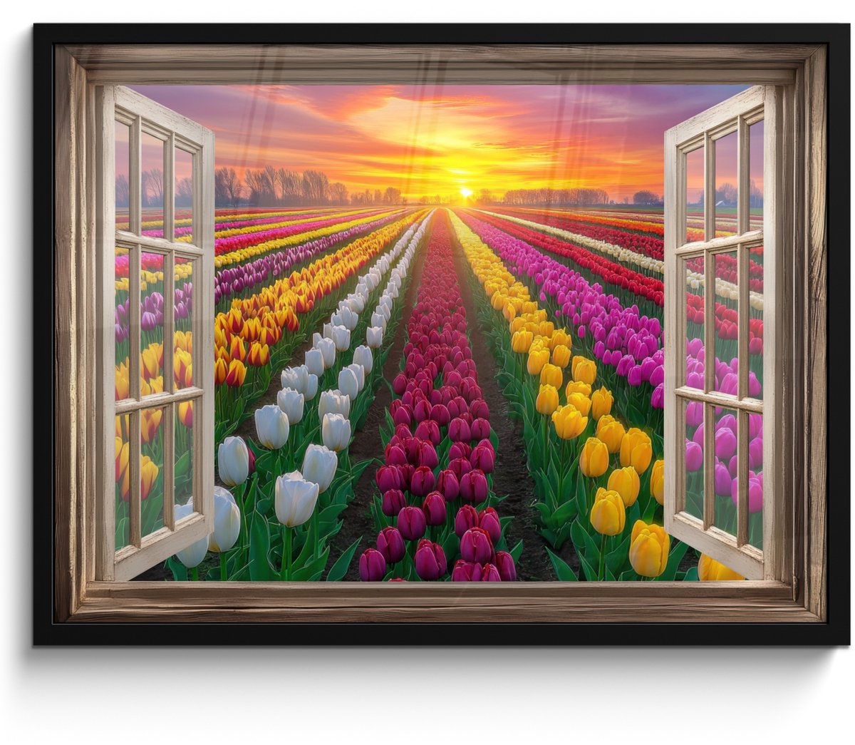 FrameYourWall Poster in lijst - Fotolijst 70x50 cm - Posters - Doorkijk - Bloemen - Tulpen - Kleurrijk - Zonsondergang - Posterlijst zwart - Decoratie - Wanddecoratie woonkamer - Muurdecoratie slaapkamer