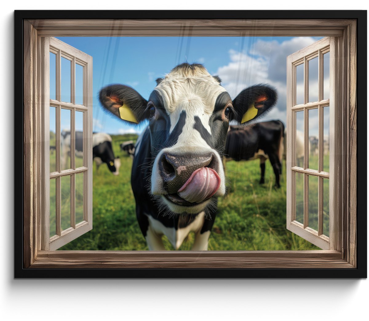 FrameYourWall Poster in lijst - Fotolijst 70x50 cm - Posters - Doorkijk - Koe - Weiland - Dieren - Natuur - Posterlijst zwart - Decoratie - Wanddecoratie woonkamer - Muurdecoratie slaapkamer