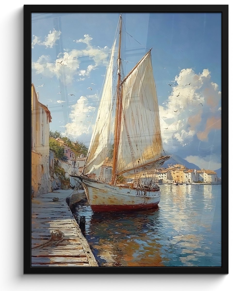 FrameYourWall Poster in lijst - Fotolijst 50x70 cm - Posters - Zeilschip - Huizen - Kade - Zee - Posterlijst zwart - Decoratie - Wanddecoratie woonkamer - Muurdecoratie slaapkamer Zeilschip - Huizen - Zee