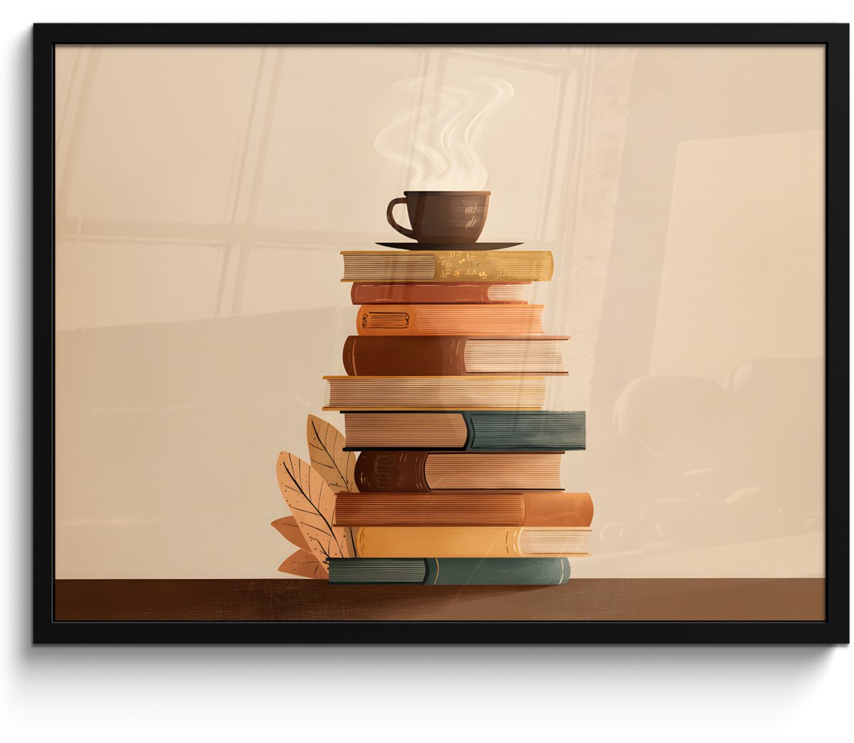 FrameYourWall Poster in lijst - Fotolijst 70x50 cm - Posters - Boeken - Toren - Koffie - Beige - Posterlijst zwart - Decoratie - Wanddecoratie woonkamer - Muurdecoratie slaapkamer Stapel - Boeken - Koffie