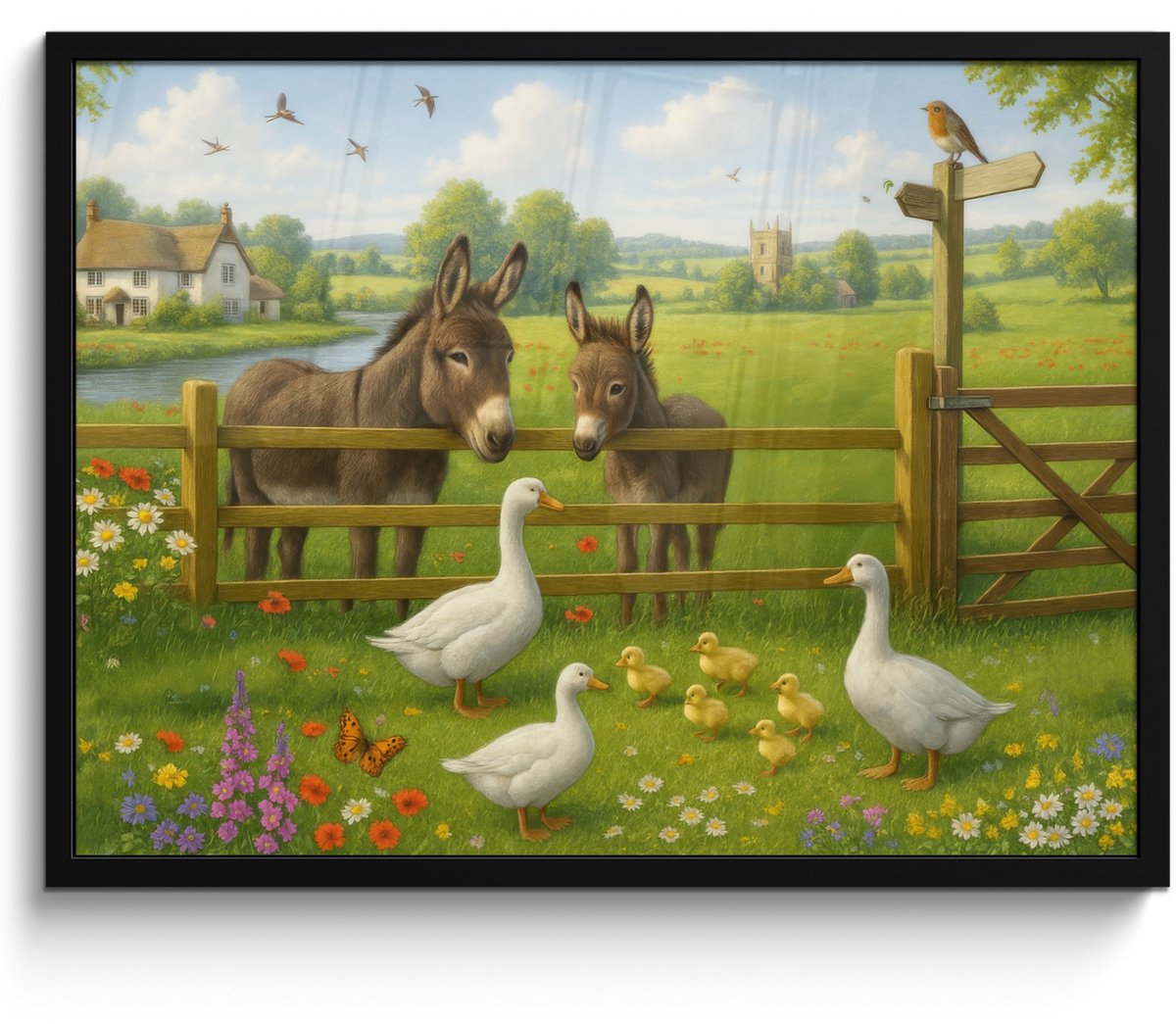 FrameYourWall Poster in lijst - Fotolijst 70x50 cm - Posters - Ezels - Ganzen - Kleurrijk - Posterlijst zwart - Decoratie - Wanddecoratie woonkamer - Muurdecoratie slaapkamer