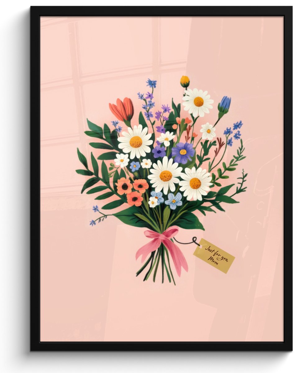 FrameYourWall Poster in lijst - Fotolijst 50x70 cm - Posters - Margrieten - Boeket - Strikje - Roze - Posterlijst zwart - Decoratie - Wanddecoratie woonkamer - Muurdecoratie slaapkamer Boeket - Kaartje