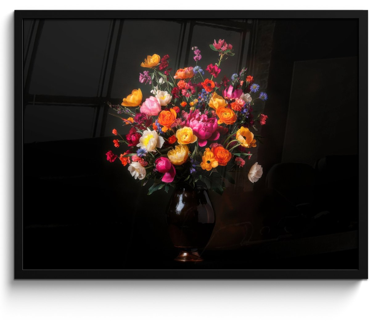 FrameYourWall Poster in lijst - Fotolijst 70x50 cm - Posters - Kleurrijk - Boeket - Vaas - Donkerbruin - Posterlijst zwart - Decoratie - Wanddecoratie woonkamer - Muurdecoratie slaapkamer Boeket - Bloemen 5