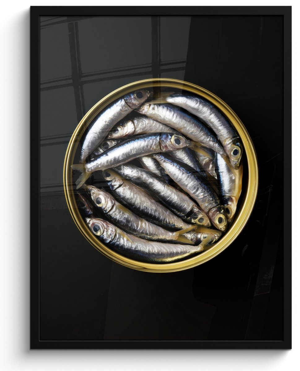 FrameYourWall Poster in lijst - Fotolijst 50x70 cm - Posters - Sardines - Vissen - Rond - Zwart - Posterlijst zwart - Decoratie - Wanddecoratie woonkamer - Muurdecoratie slaapkamer