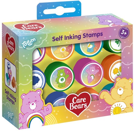 Boîte de tampons auto-encreurs Care Bears, avec des illustrations de Care Bears et un arc-en-ciel. Contient 12 tampons.