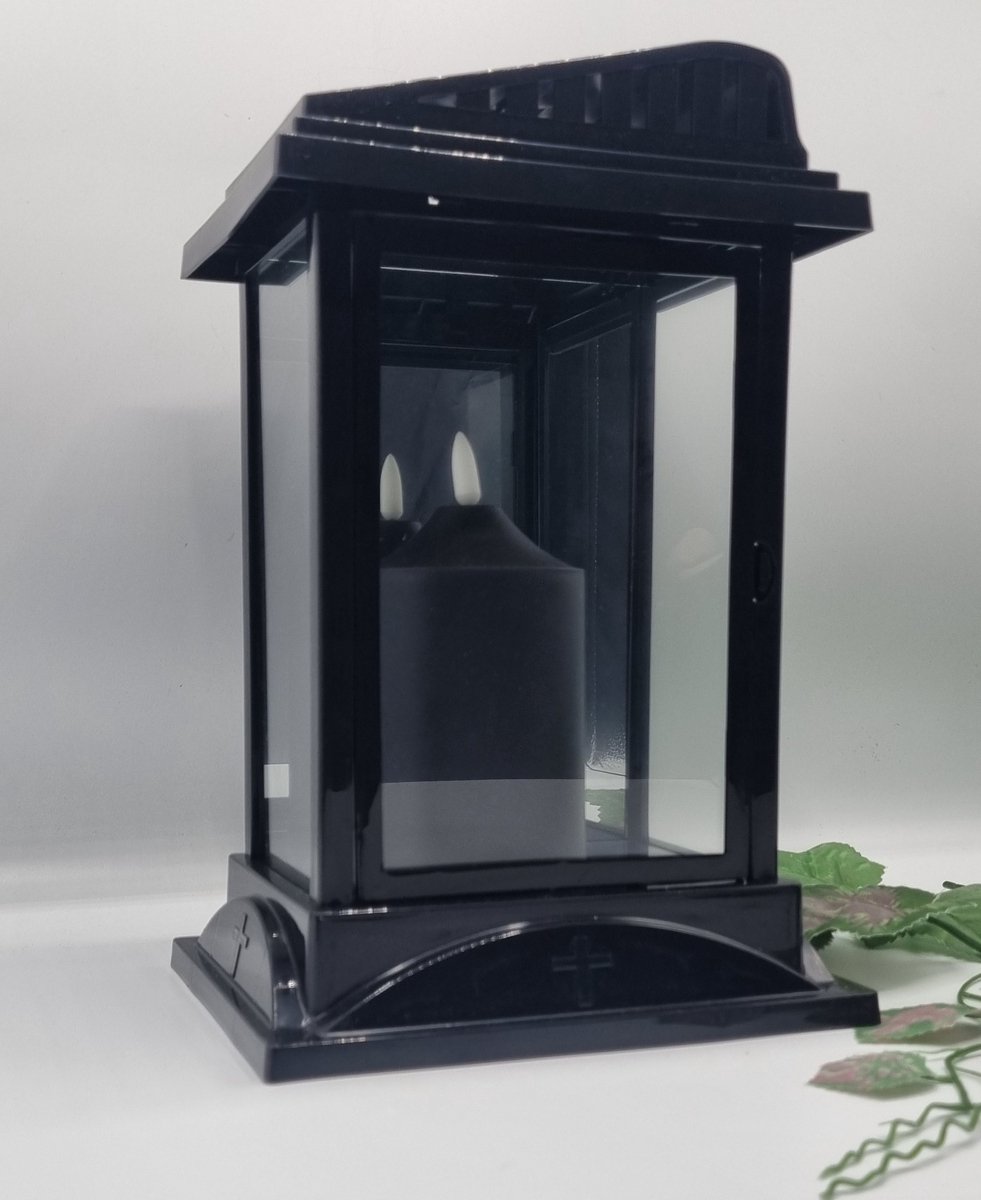 Lantaren - Zwart - kruis - incl. LED - Warm wit - Windlicht - Graflantaarn - Grafdecoratie