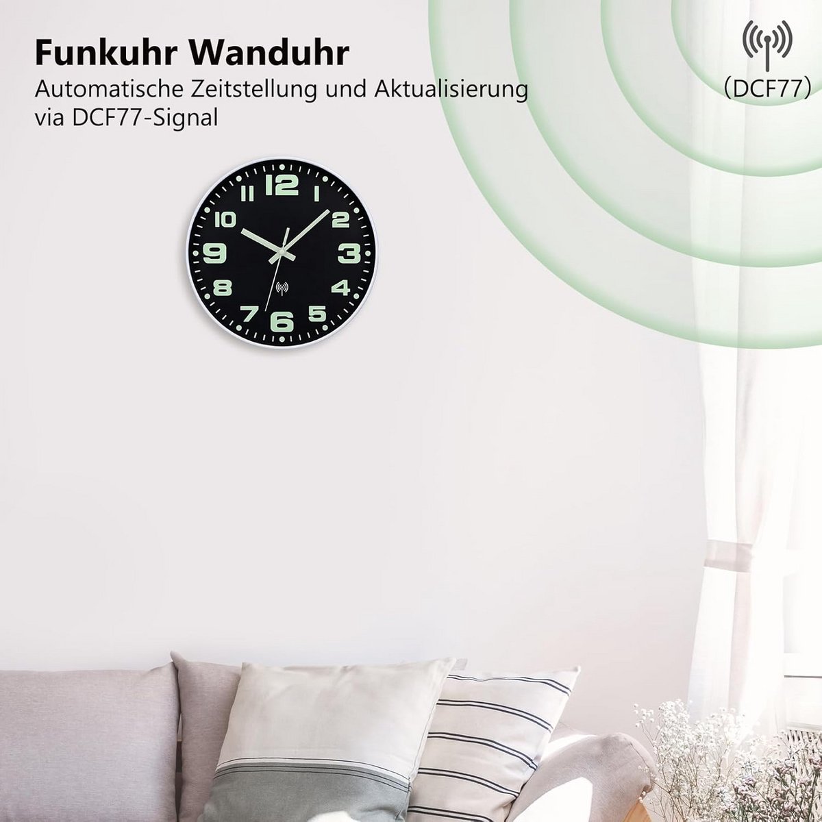 Stille Wandklok met Verlichting - 25 cm Zwart - Radiografisch Gestuurd - Batterijgevoed