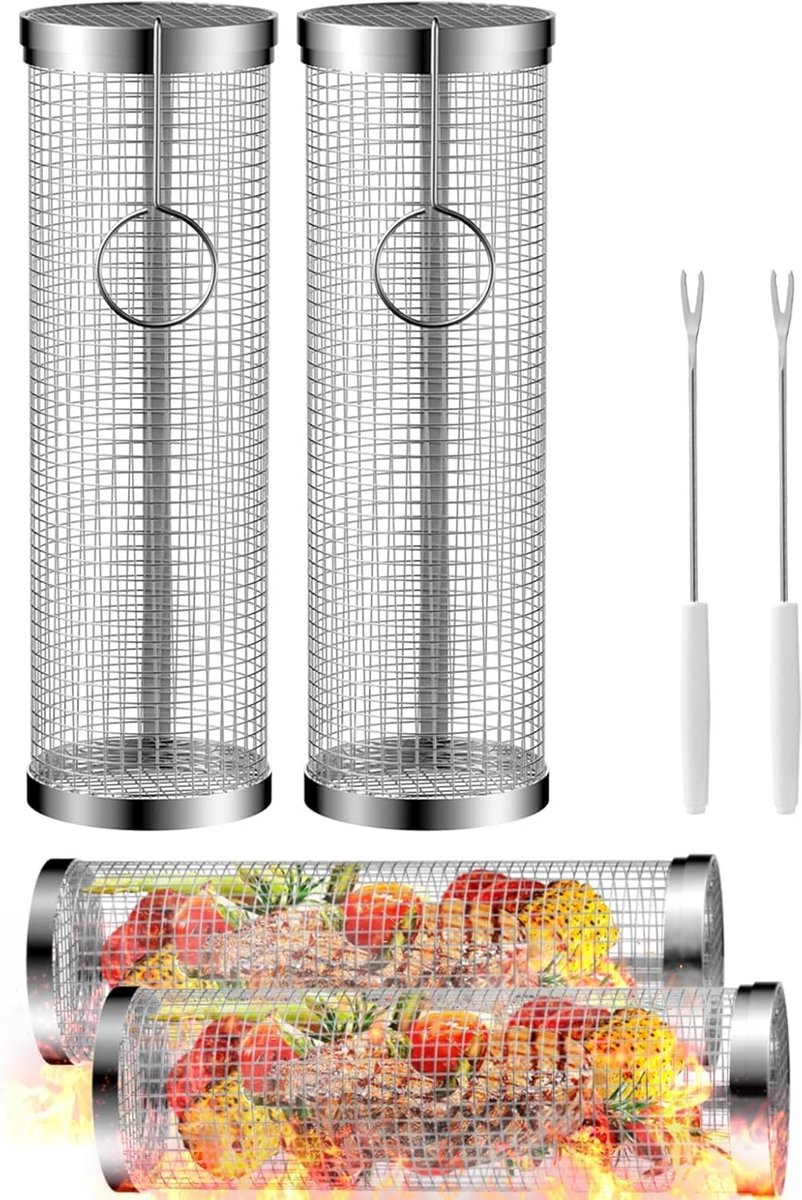 RVS Rolbare BBQ Grillmand voor Groenten, Vis en Vlees (2 Stuks)