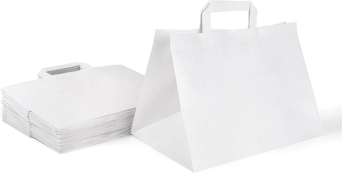 50 Witte Papieren Zakken met Handvat - Kraft Boodschappentassen Cadeauzakjes 32x17x22 cm