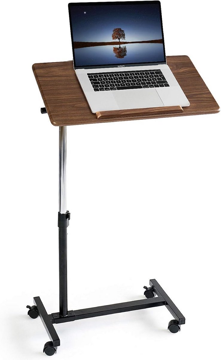 Mobiele Laptopdesk met Wielen - Verstelbare Hoogte 71-96cm - 360° Draaibaar Houten Blad - Geschikt voor 7-17" Laptops - Home Office & Overbed Tafel