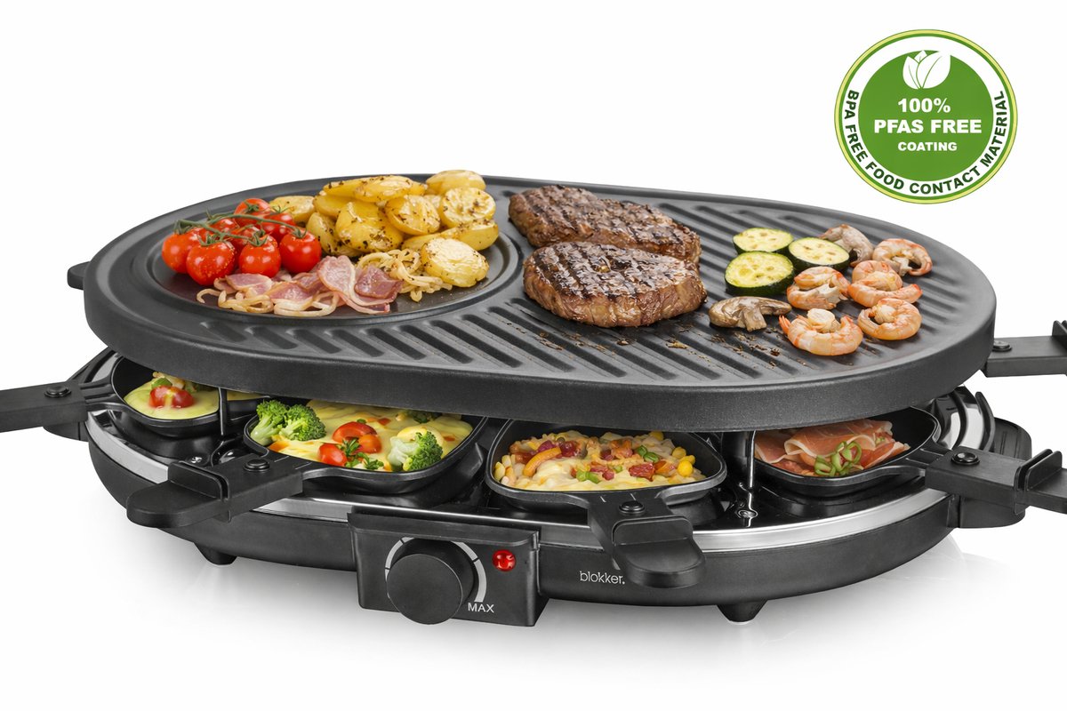 Blokker Raclettegrill - Gourmetset - 8 Pannen - Indicatielampje - Regelbare thermostaat - ILAG Coating - PFAS vrij - Stalen grillplaat - 8 spatels - Antislip - RG-131524.1 Zwart