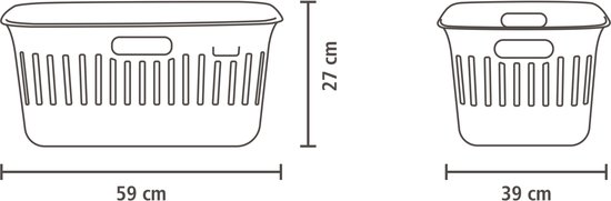 Schematische tekening van twee crème wasmanden, met afmetingen 59 cm en 39 cm.