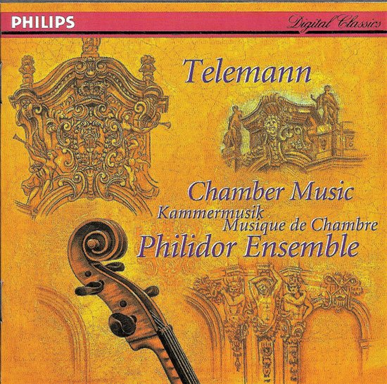 CD hoes met "Telemann Chamber Music" en afbeeldingen van architectuur en een cello.